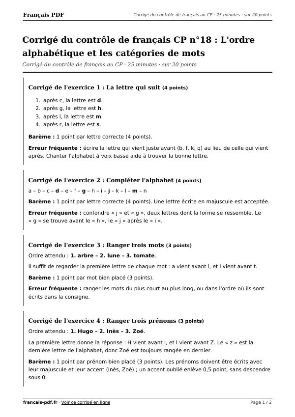 Corrigé du contrôle de français CP n°18 en PDF
