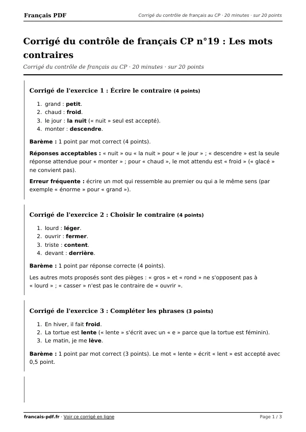 Corrigé du contrôle de français CP n°19 en PDF