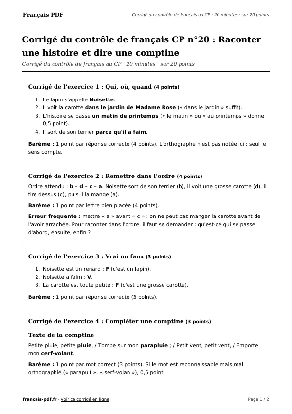 Corrigé du contrôle de français CP n°20 en PDF
