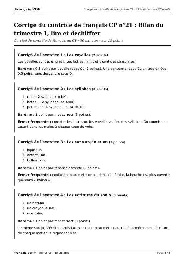 Corrigé du contrôle de français CP n°21 en PDF