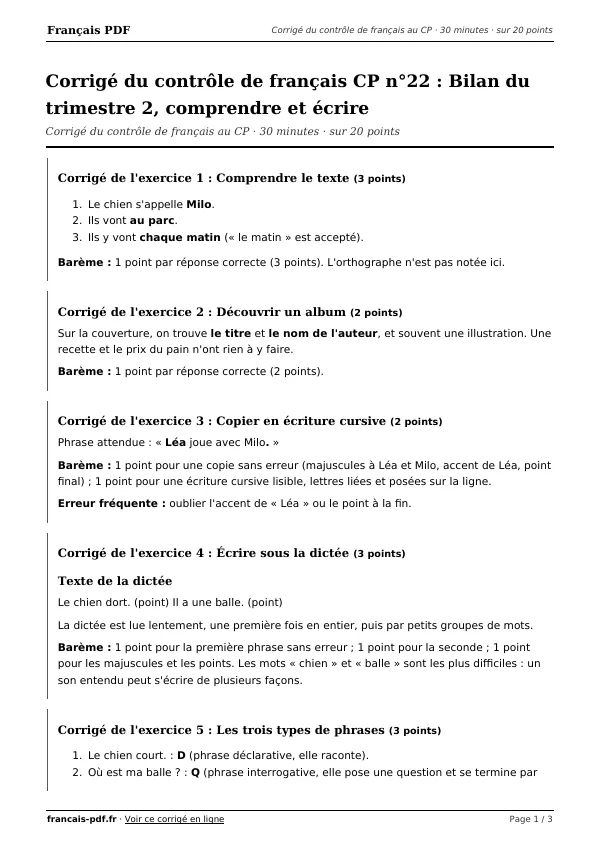 Corrigé du contrôle de français CP n°22 en PDF