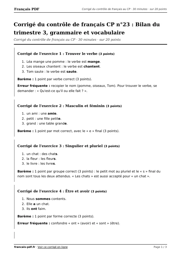 Corrigé du contrôle de français CP n°23 en PDF