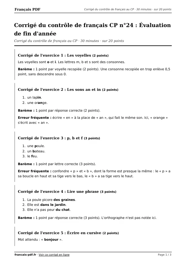 Corrigé du contrôle de français CP n°24 en PDF