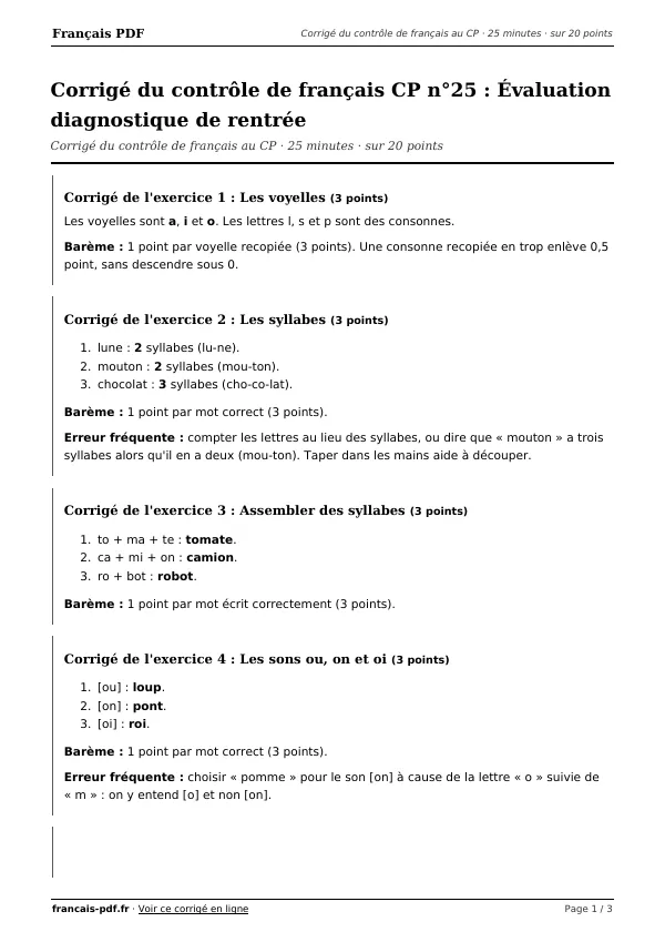 Corrigé du contrôle de français CP n°25 en PDF