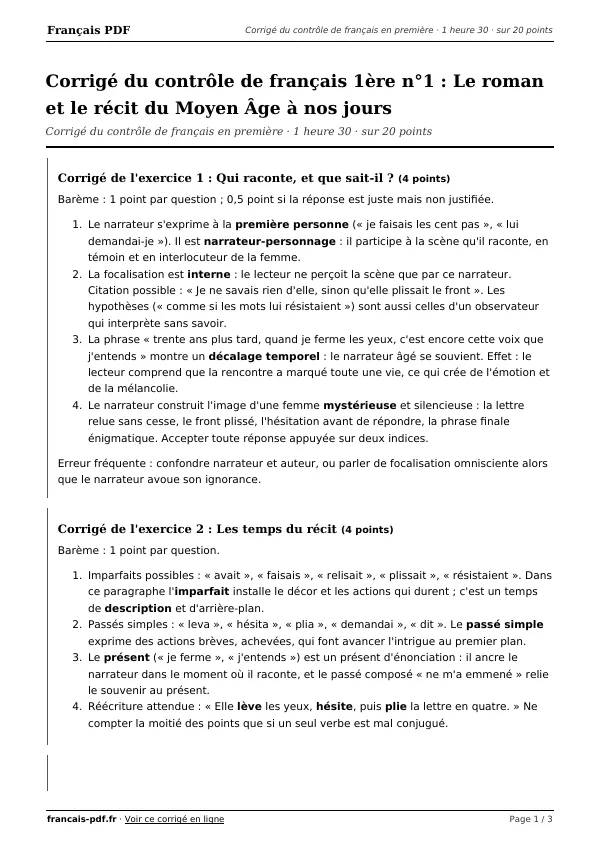 Corrigé du contrôle de français 1ère n°1 en PDF