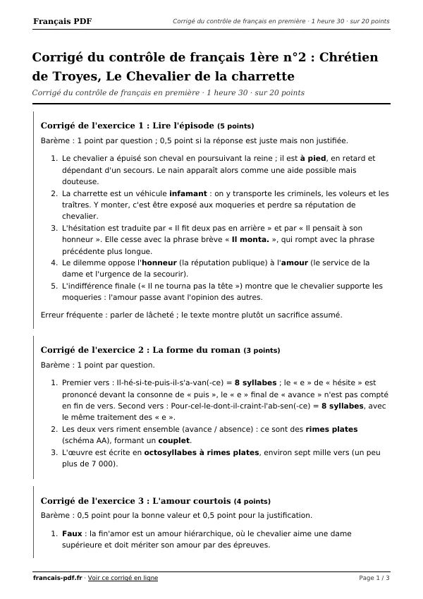 Corrigé du contrôle de français 1ère n°2 en PDF