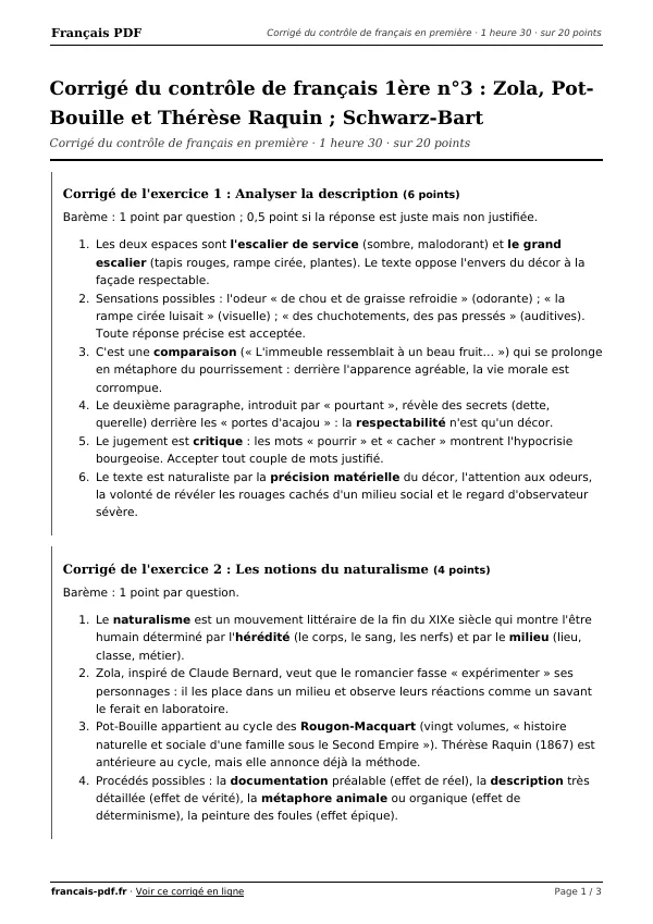 Corrigé du contrôle de français 1ère n°3 en PDF