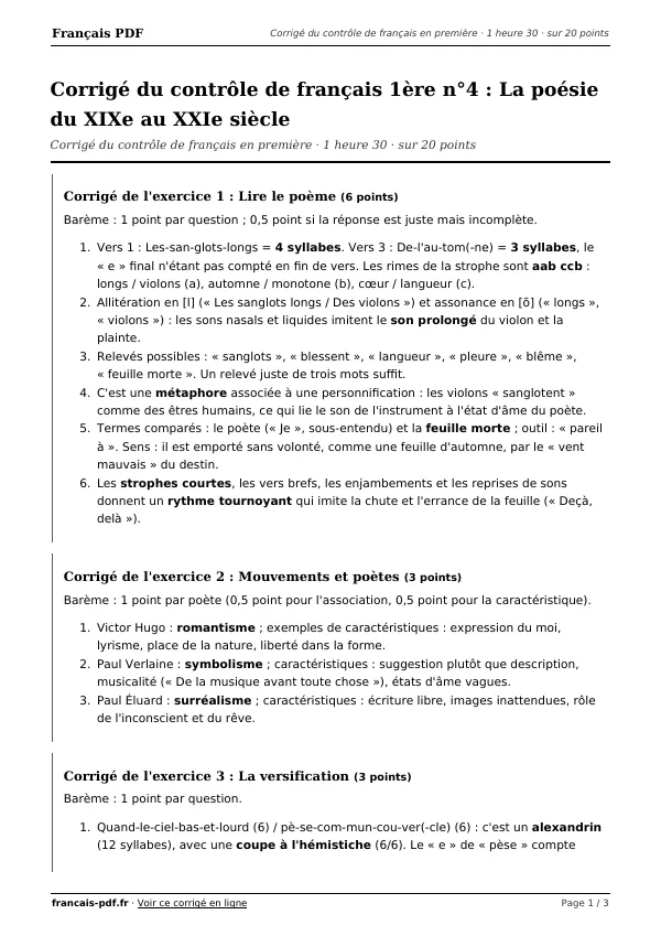 Corrigé du contrôle de français 1ère n°4 en PDF