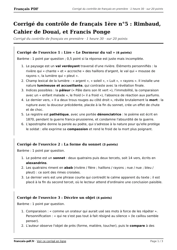 Corrigé du contrôle de français 1ère n°5 en PDF