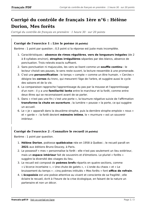 Corrigé du contrôle de français 1ère n°6 en PDF