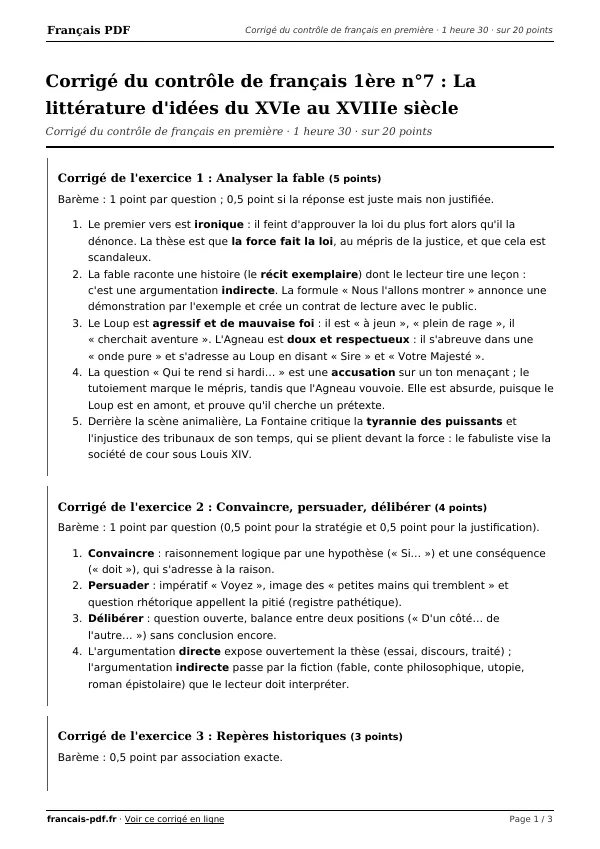 Corrigé du contrôle de français 1ère n°7 en PDF