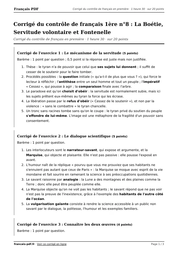 Corrigé du contrôle de français 1ère n°8 en PDF