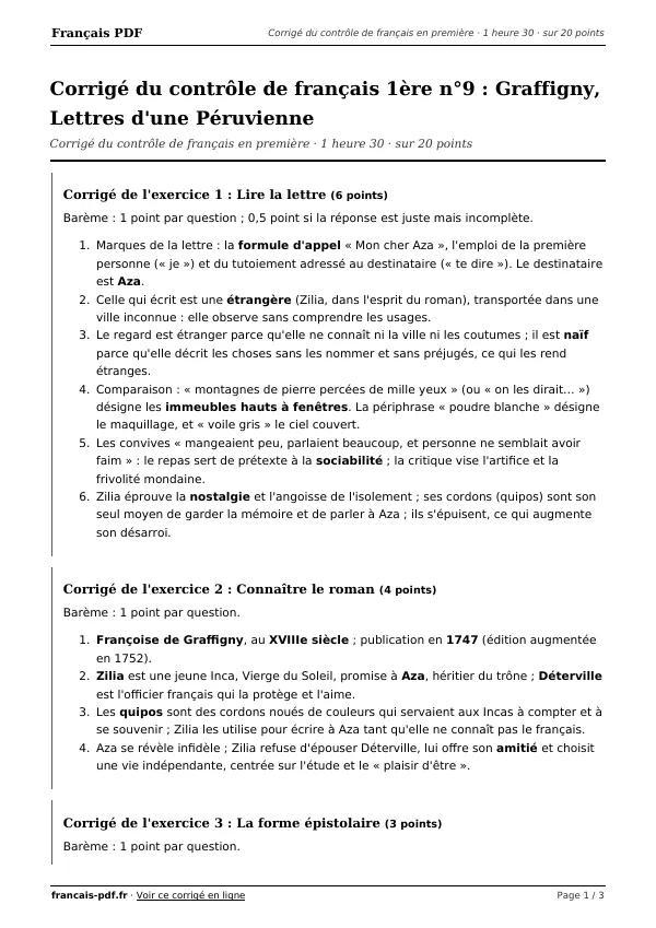 Corrigé du contrôle de français 1ère n°9 en PDF