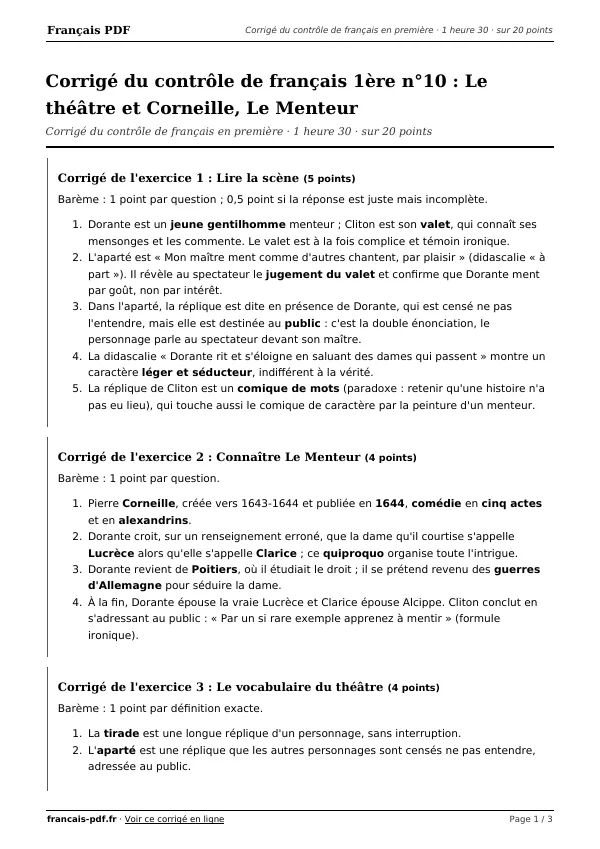 Corrigé du contrôle de français 1ère n°10 en PDF
