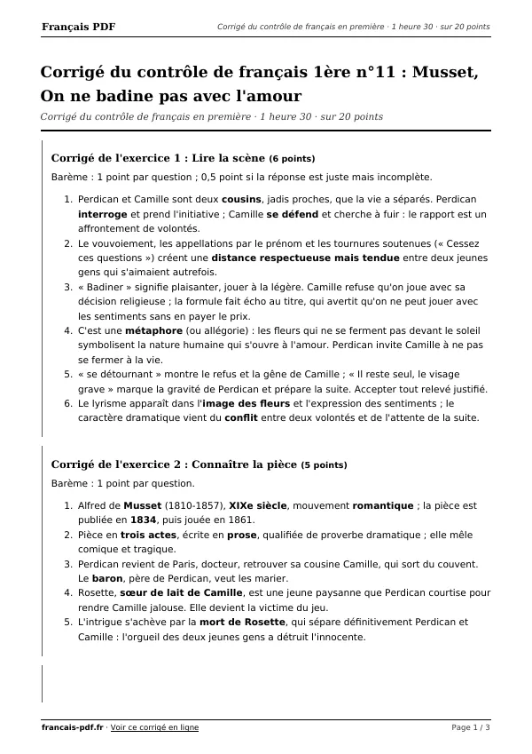 Corrigé du contrôle de français 1ère n°11 en PDF