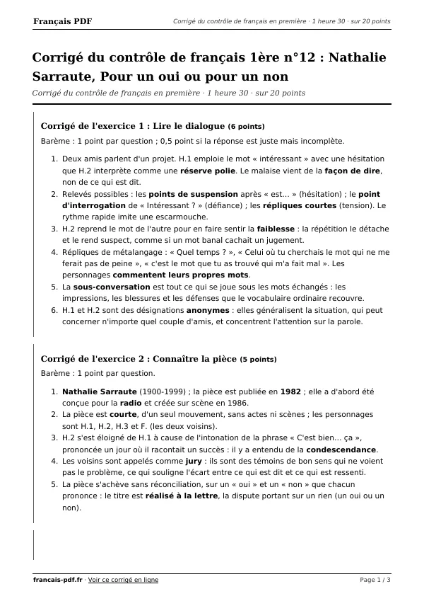 Corrigé du contrôle de français 1ère n°12 en PDF
