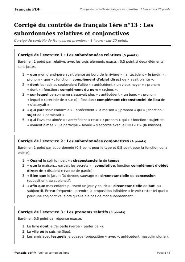 Corrigé du contrôle de français 1ère n°13 en PDF