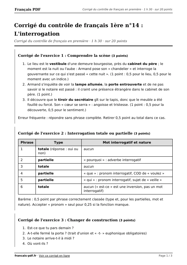 Corrigé du contrôle de français 1ère n°14 en PDF
