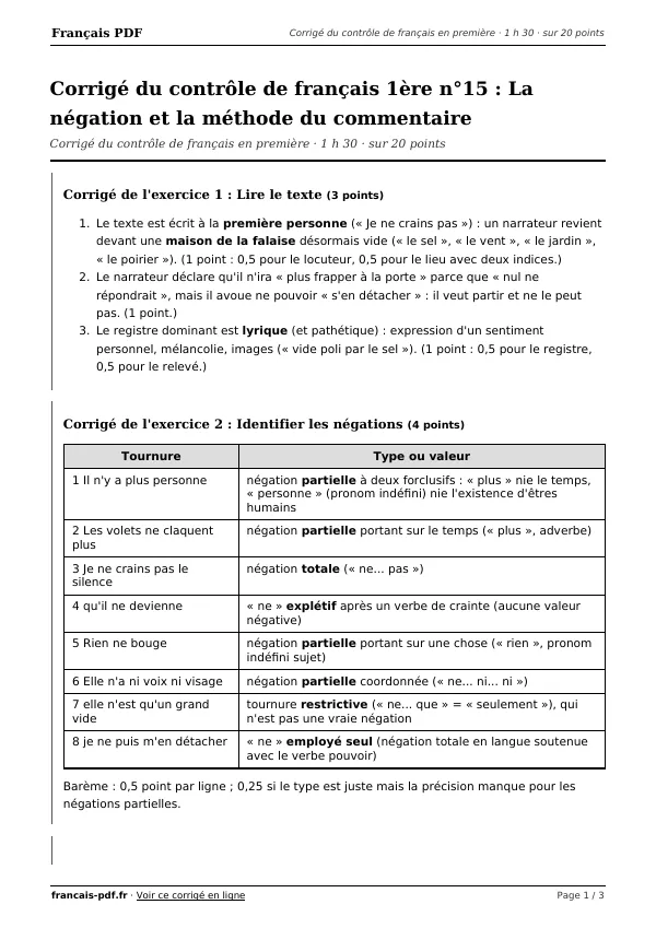 Corrigé du contrôle de français 1ère n°15 en PDF