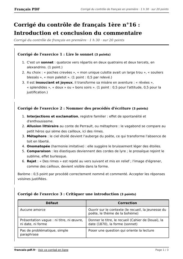 Corrigé du contrôle de français 1ère n°16 en PDF