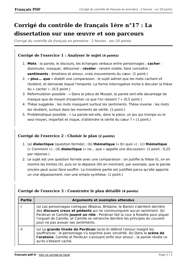 Corrigé du contrôle de français 1ère n°17 en PDF