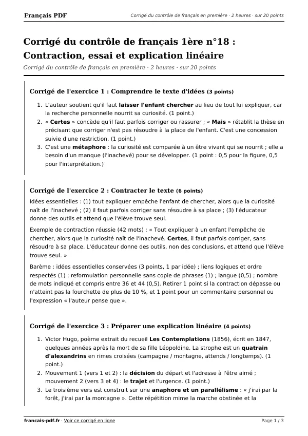 Corrigé du contrôle de français 1ère n°18 en PDF
