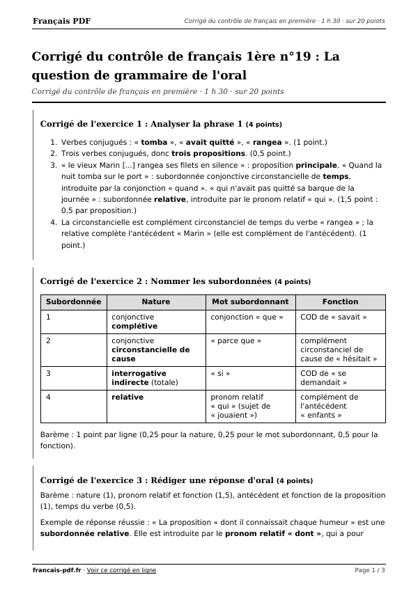 Corrigé du contrôle de français 1ère n°19 en PDF