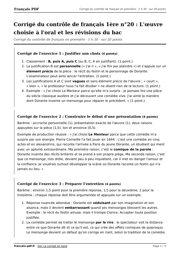 Corrigé du contrôle de français 1ère n°20 en PDF