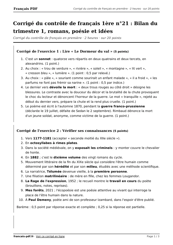 Corrigé du contrôle de français 1ère n°21 en PDF