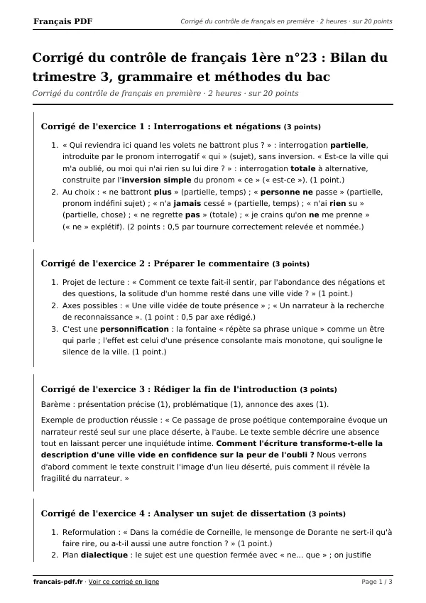Corrigé du contrôle de français 1ère n°23 en PDF