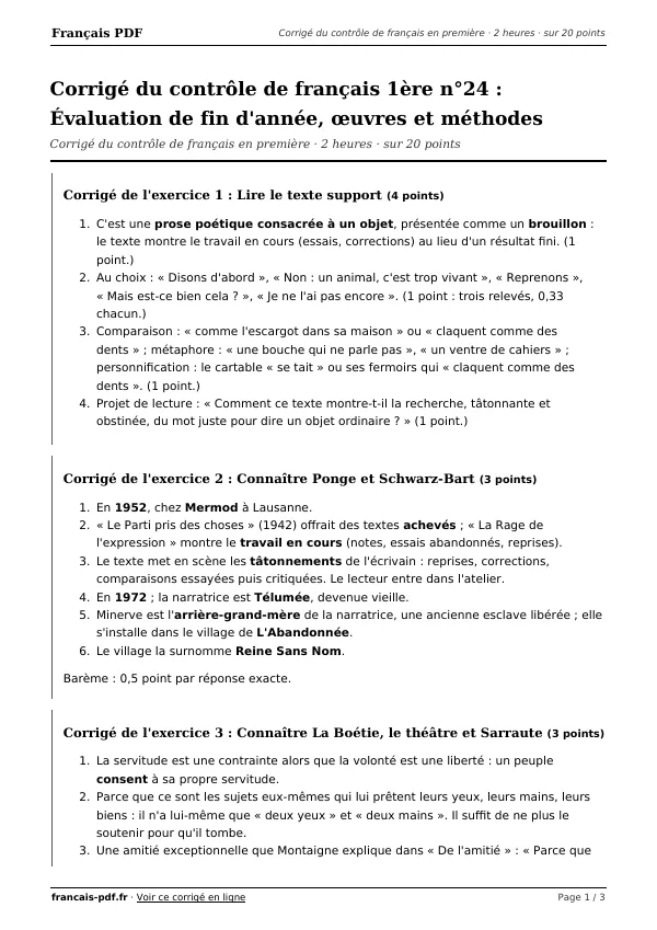 Corrigé du contrôle de français 1ère n°24 en PDF