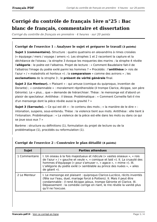 Corrigé du contrôle de français 1ère n°25 en PDF