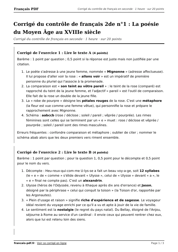 Corrigé du contrôle de français 2de n°1 en PDF