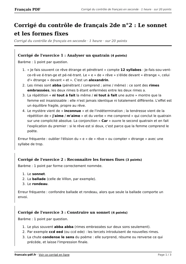 Corrigé du contrôle de français 2de n°2 en PDF