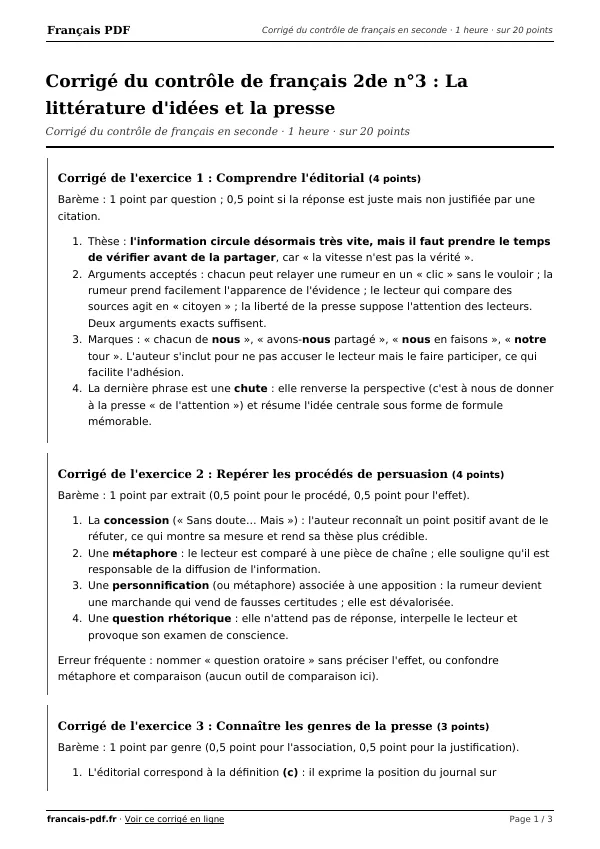Corrigé du contrôle de français 2de n°3 en PDF