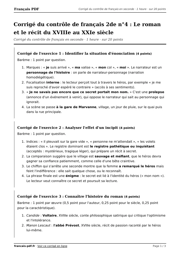 Corrigé du contrôle de français 2de n°4 en PDF