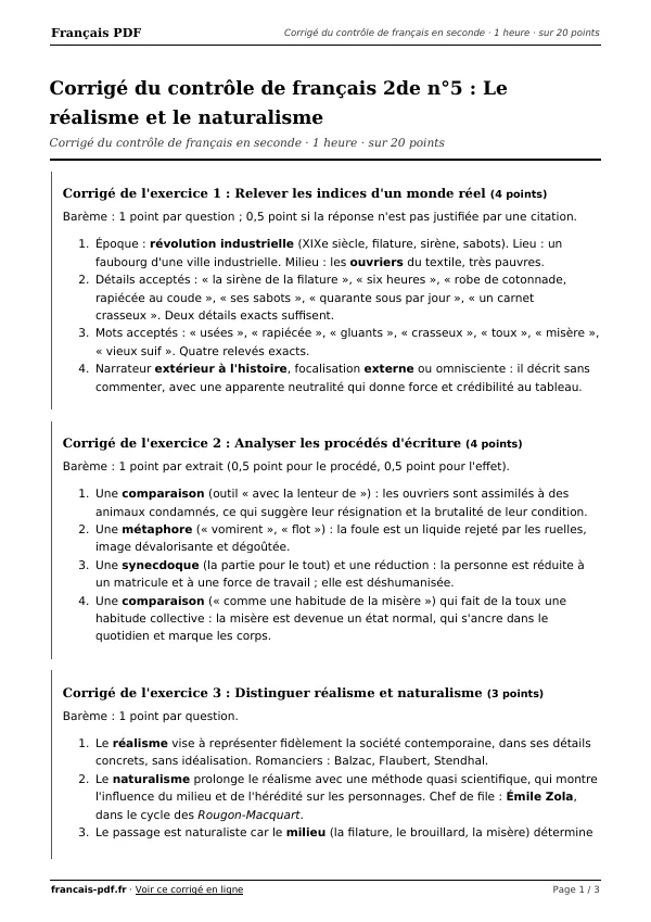 Corrigé du contrôle de français 2de n°5 en PDF