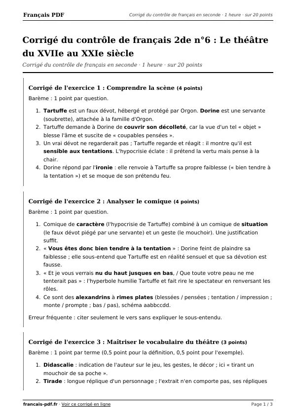 Corrigé du contrôle de français 2de n°6 en PDF