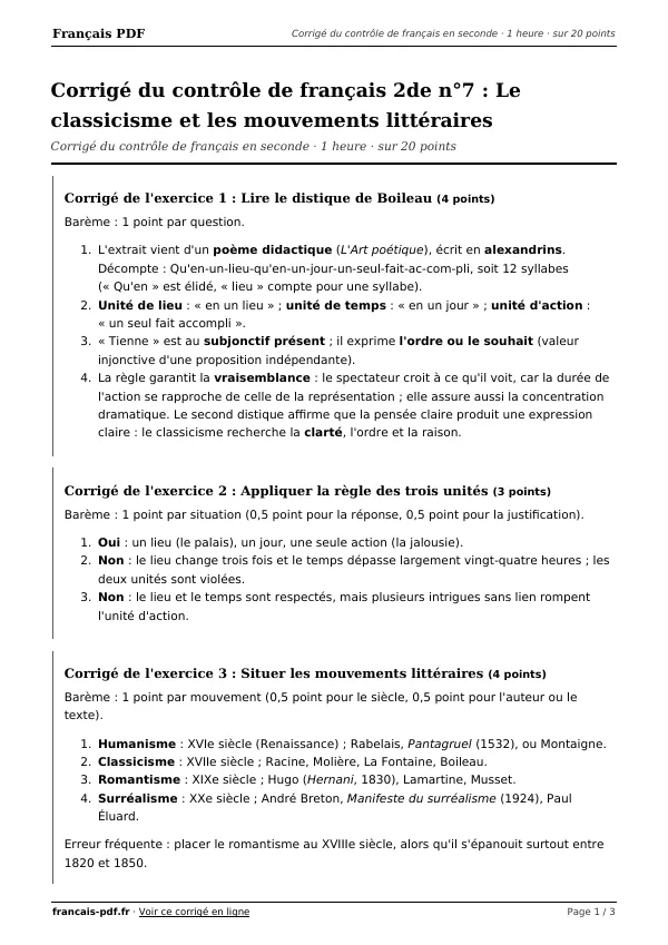 Corrigé du contrôle de français 2de n°7 en PDF