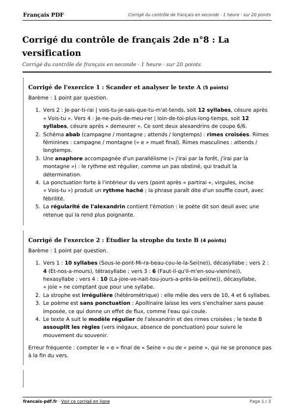 Corrigé du contrôle de français 2de n°8 en PDF