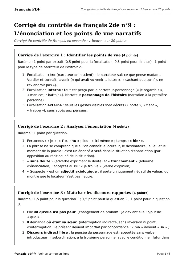Corrigé du contrôle de français 2de n°9 en PDF