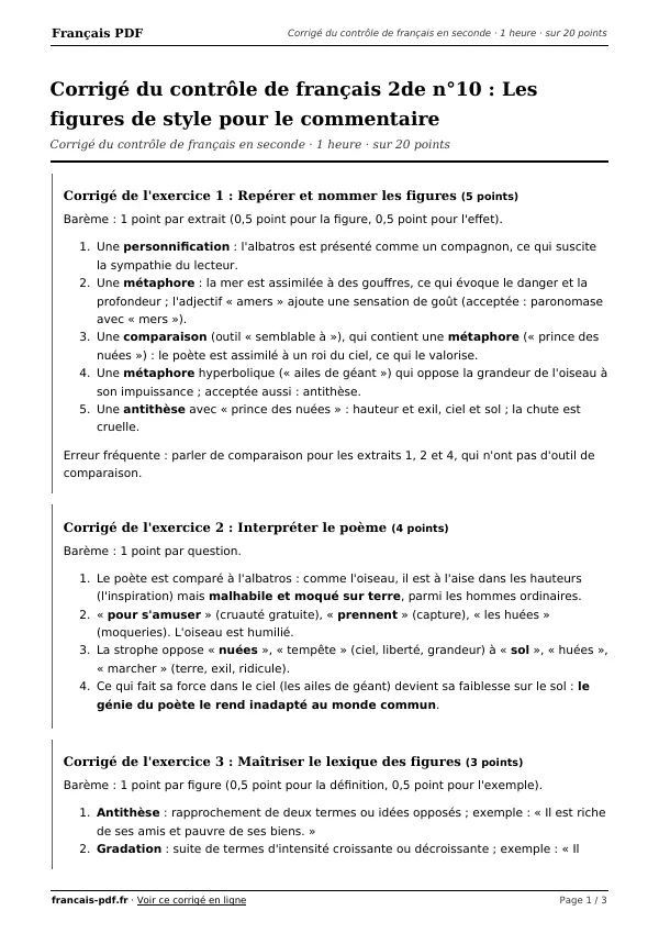 Corrigé du contrôle de français 2de n°10 en PDF