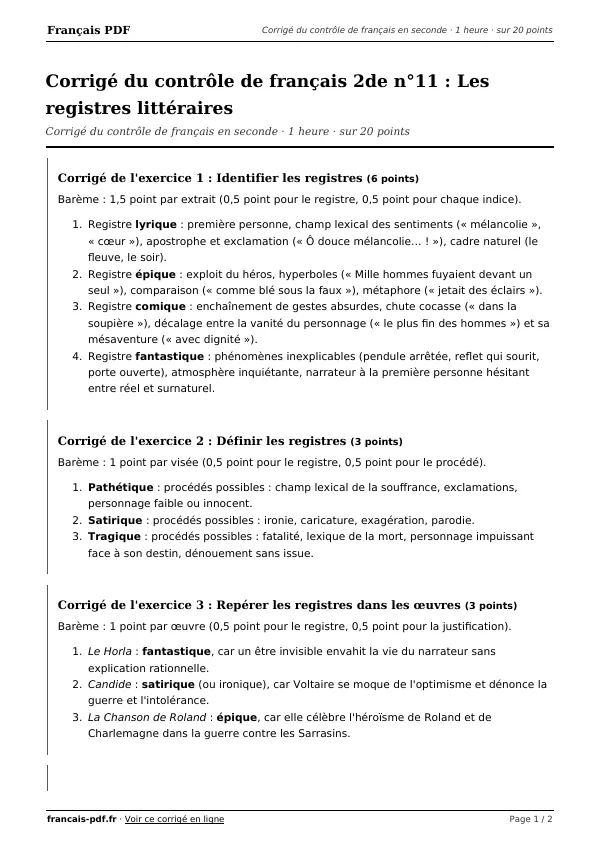 Corrigé du contrôle de français 2de n°11 en PDF
