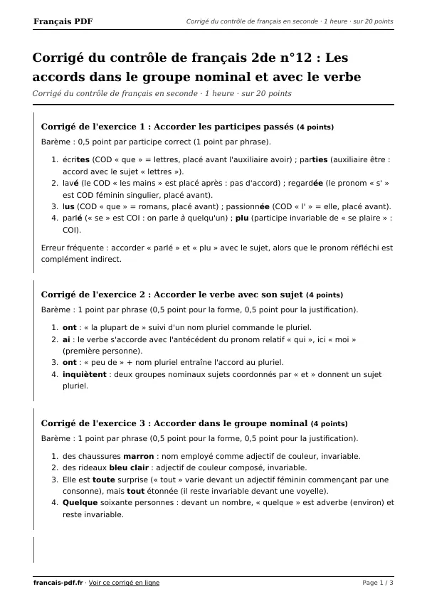 Corrigé du contrôle de français 2de n°12 en PDF