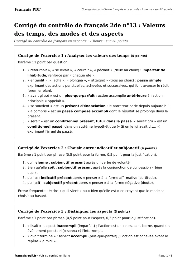 Corrigé du contrôle de français 2de n°13 en PDF