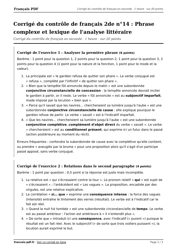 Corrigé du contrôle de français 2de n°14 en PDF