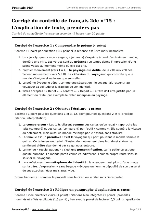 Corrigé du contrôle de français 2de n°15 en PDF