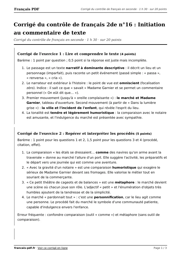 Corrigé du contrôle de français 2de n°16 en PDF