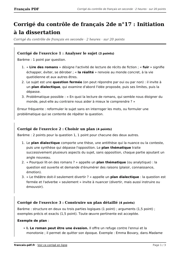 Corrigé du contrôle de français 2de n°17 en PDF