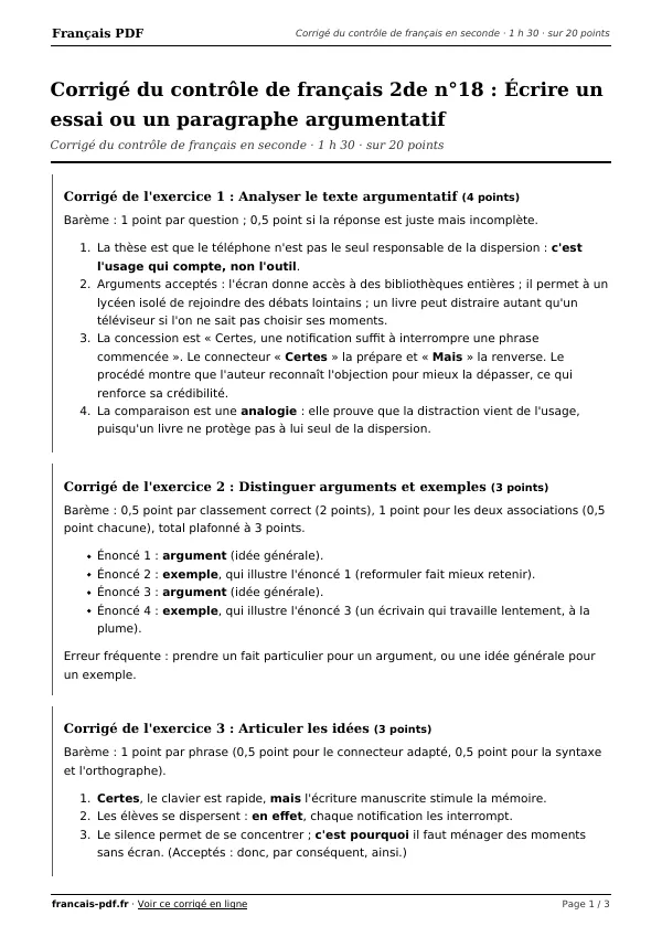 Corrigé du contrôle de français 2de n°18 en PDF
